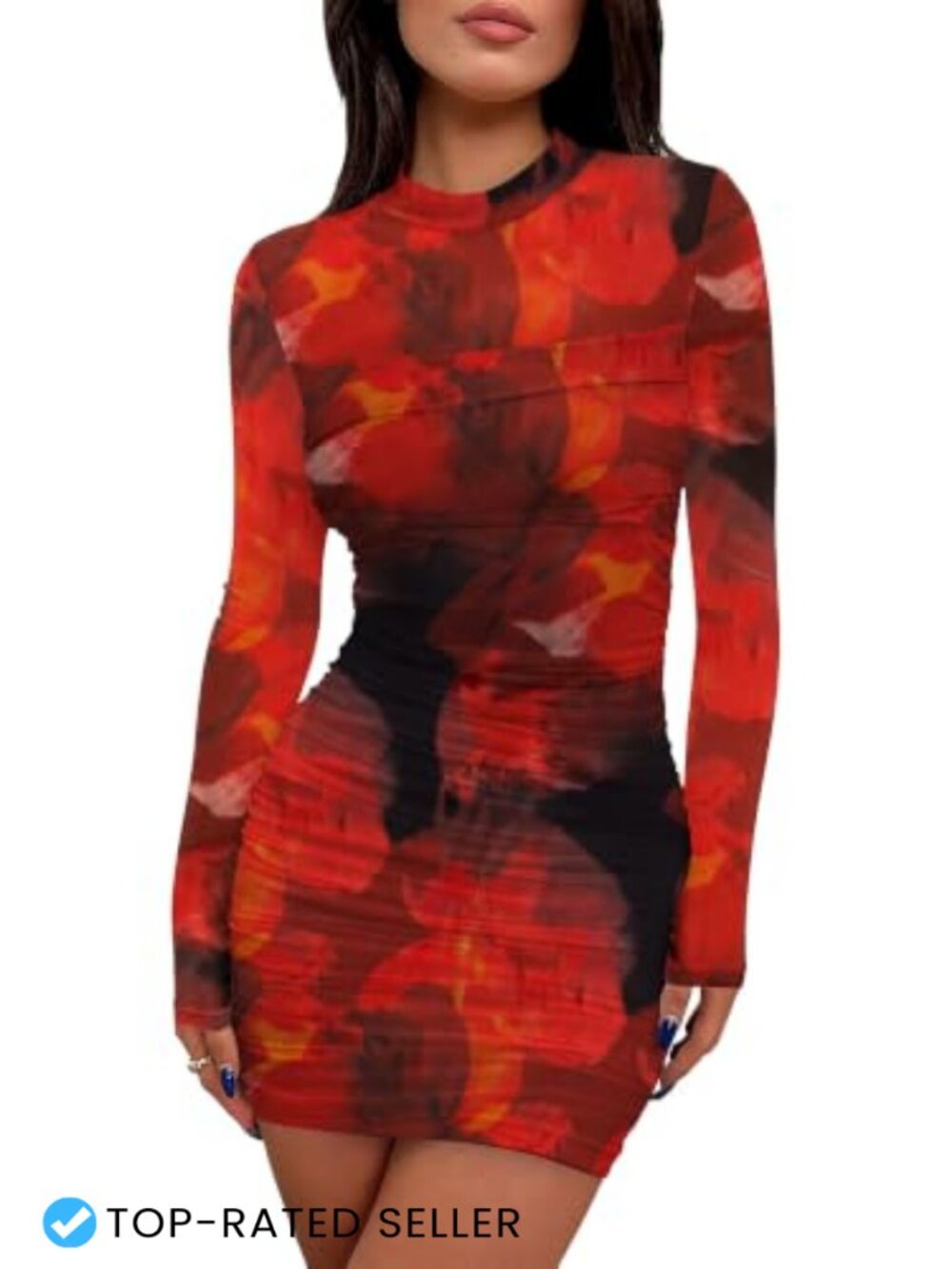 Women's Mesh Long Sleeve Ruched Bodycon Mini Dress Mock Neck Party